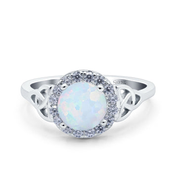 Celtic Halo Art Deco Wedding Ring Round Lab Created White Opal 925 Sterling Silver